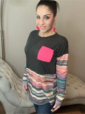 S L Casual Striped Hem & Sleeve Long-Sleeve Top with Pink Pocket